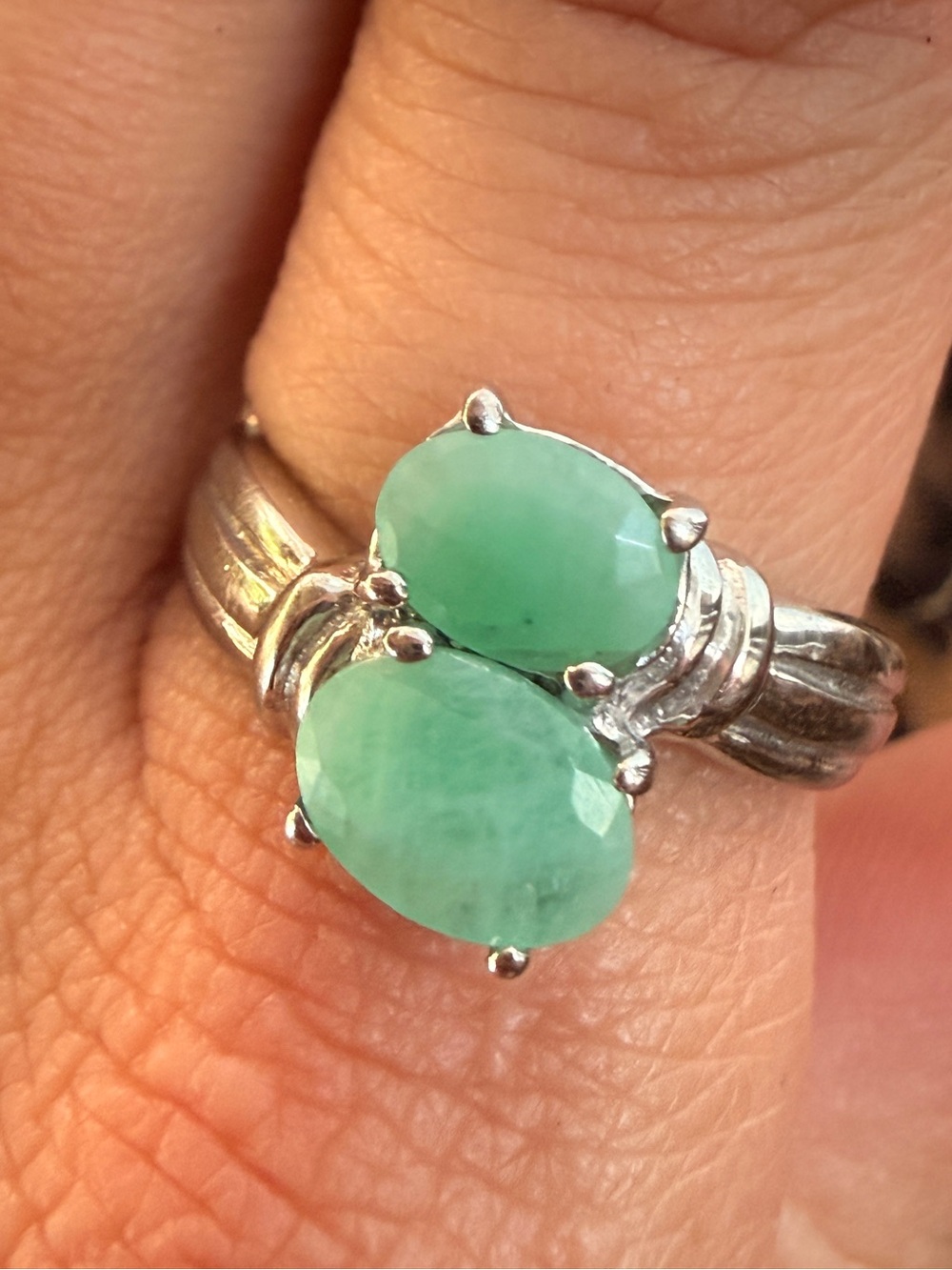 New✨Natural Green Emerald Double Stone Ring Sz9 14kt and 925